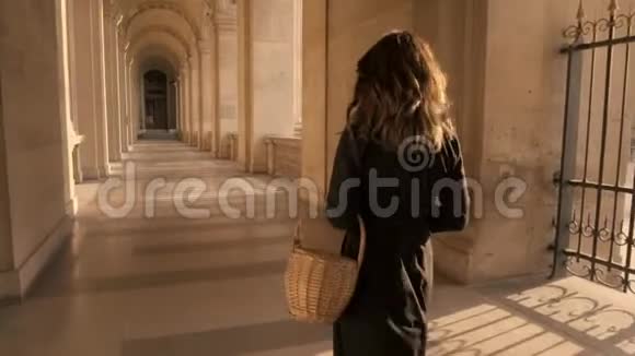 巴黎法国2019年4月穿着黑色裙子的女人在卢浮宫的博物馆里慢动作视频的预览图