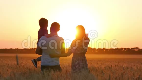 妈妈爸爸和宝宝在夕阳下站在麦田里拥抱和亲吻对方幸福家庭的概念关心和视频的预览图