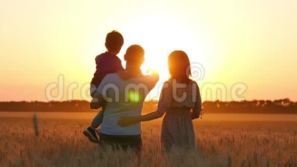 父亲和母亲把孩子指向麦田里的地平线日落时幸福的家庭农业关系视频的预览图