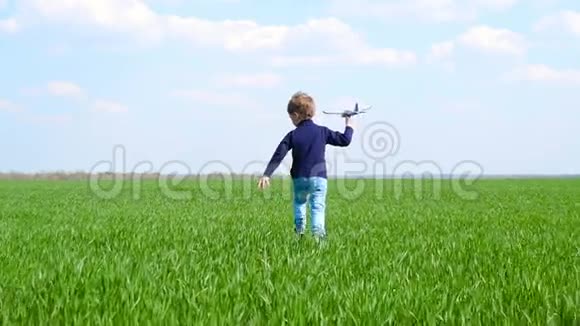 一个快乐的孩子手里拿着一架玩具飞机慢慢地沿着绿色的草坪奔跑模仿飞机的飞行视频的预览图