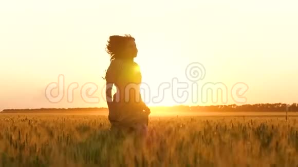 穿着裙子的女孩在金色的麦穗中奔跑美丽的年轻女子在日落时奔跑视频的预览图