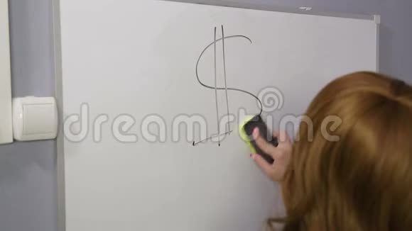 一个女人背着她站着擦去白板上画的货币标志视频的预览图