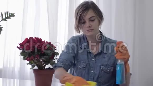 打喷嚏的女人戴着洗衣服喷雾的手套的年轻女性在家里打扫时会过敏视频的预览图