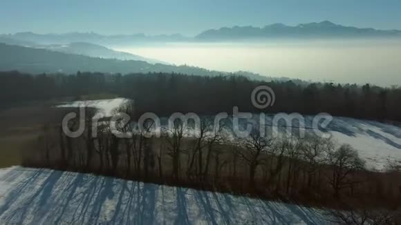 日内瓦湖与雾在冬天的早晨瑞士阿尔卑斯山瑞士鸟瞰图视频的预览图