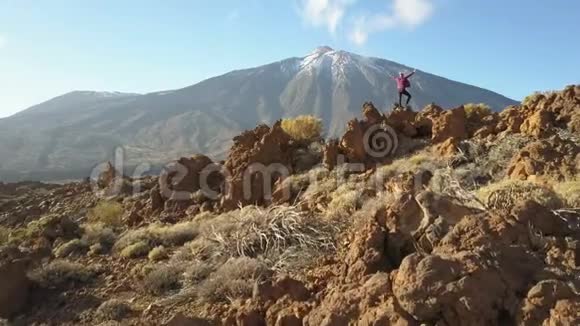 年轻的女人伸出手臂观察到一个巨大的泰德火山口特内里费加那利群岛西班牙空中无人机视频的预览图