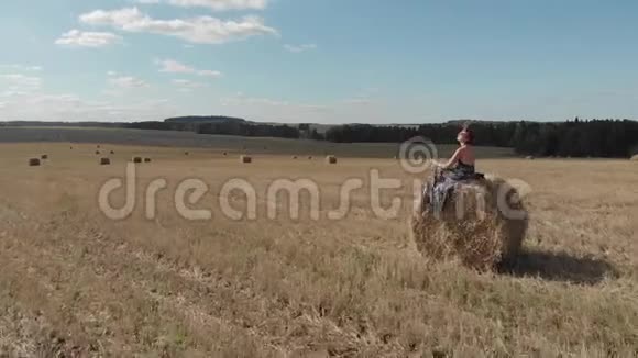 在收割的麦子里穿裙子的年轻女子视频的预览图