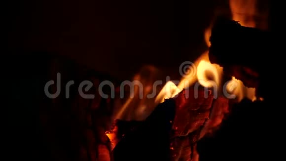 烧火在砖火场壁炉里的木头和橡皮炉膛为中等尺寸火焰慢动作视频的预览图