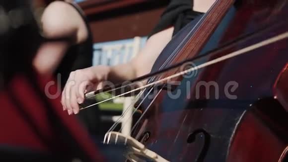 女性手演奏大提琴与弓户外管弦乐队视频的预览图