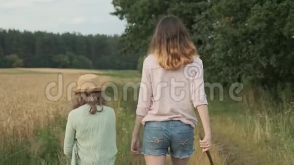 两个女孩姐妹一起走在乡间小路上孩子们谈着享受大自然的背景视频的预览图