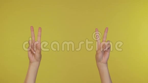 女人用双手和两个手指做手势用手指弯曲在黄色背景上隔离视频的预览图