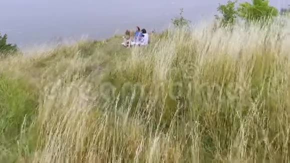在湖边或河边坐着三个穿着夏日长礼服的女朋友的空中观景两个高加索人和一个视频的预览图