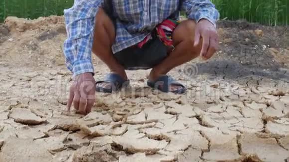 亚洲资深男农民担心农业中的旱土视频的预览图