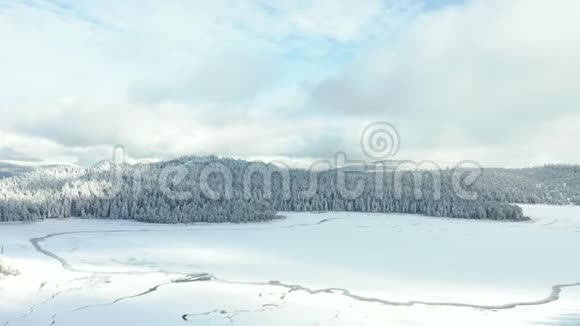 4k空中景色背景下冰雪森林覆盖的冰湖视频的预览图