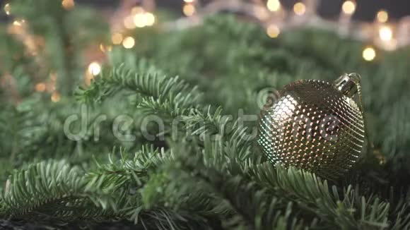 圣诞树上金色的装饰球放在圣诞树茂盛的树枝上背景是闪烁的花环视频的预览图