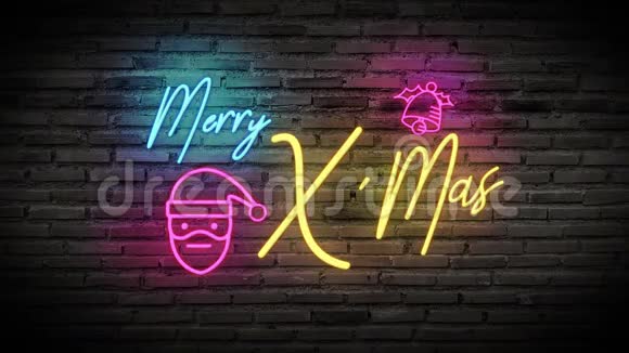 4K梅里X马斯闪亮的霓虹灯标志在黑色砖墙上发光带有文字的彩色标牌卡通圣诞老人视频的预览图