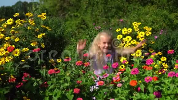 在夏日花园里一个兴奋的学龄前女孩躲在五颜六色的花坛里视频的预览图