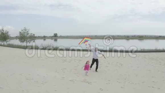 祖父和孙女在湖边的海滩上放风筝从空中拍摄4K慢慢视频的预览图