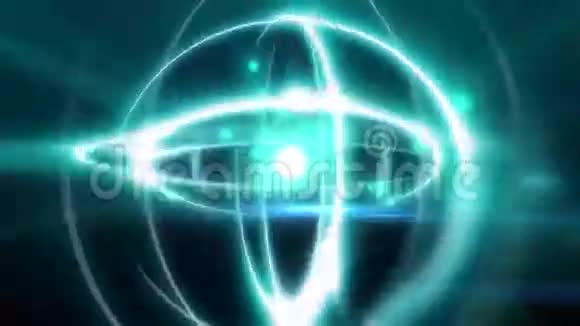 以质子核为中心的球形光原子和电子粒子飞行的抽象原子动画效应视频的预览图