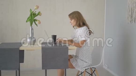 有笔记本电脑的年轻女子在家聊天视频的预览图
