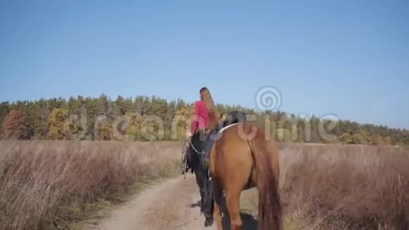 一位年轻的白人女性马术运动员在土路上骑着黑马手里拿着棕褐色的吊带视频的预览图