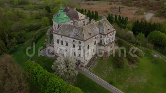 乌克兰春天奥列斯基城堡和周围景观的鸟瞰图视频的预览图