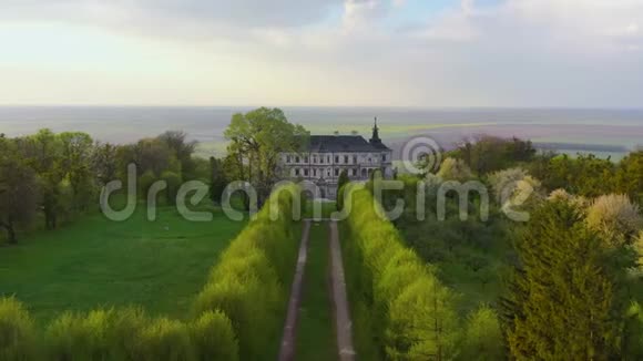 在乌克兰春天的Pidhirtsi城堡和周围景观的鸟瞰图视频的预览图