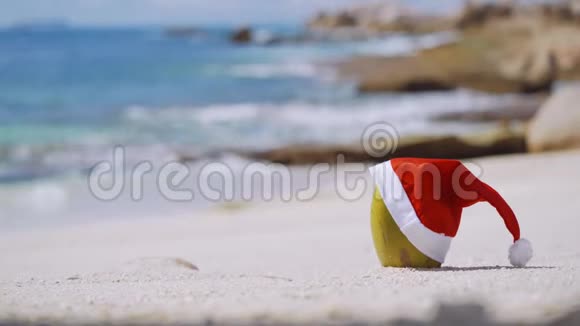 靠近椰子戴着圣诞老人的帽子在热带沙滩上海浪在岩石海岸线上翻滚视频的预览图