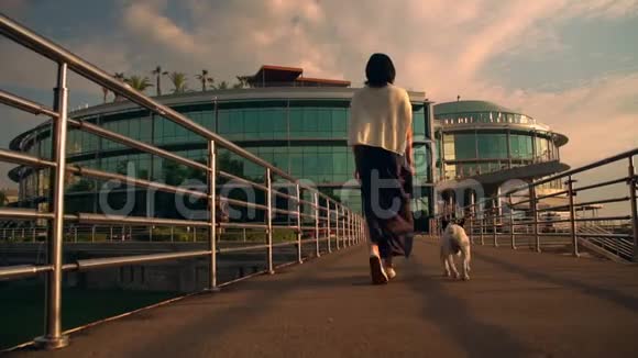 一个女人和她的宠物在栏杆边散步视频的预览图