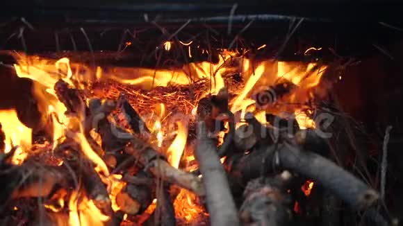 篝火中的火焰在烤架中燃烧木头和烟雾的缓慢运动做一顿美味的午餐或晚餐视频的预览图