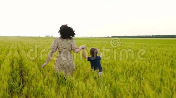 一位年轻的母亲和她的孩子牵着手跑过一片麦田幸福家庭母亲和视频的预览图