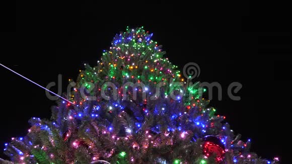 圣诞节假期概念美丽的高大的圣诞杉树装饰着花环和多色的球视频的预览图