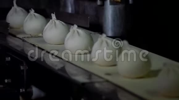 自动机器生产工艺在饺子厂新鲜的生培梅落在传送带上工业视频的预览图