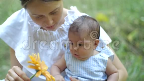 母亲带着她刚出生的女儿在公园的一片绿草上快乐的年轻妈妈和孩子一起玩黄花视频的预览图