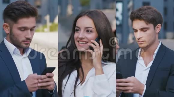 肖像拼贴商业男女在电话中交谈穿着古典西装使用智能手机的商人视频的预览图