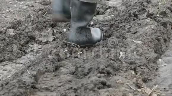 男人在肮脏泥泞的潮湿地面上穿着橡胶靴视频的预览图