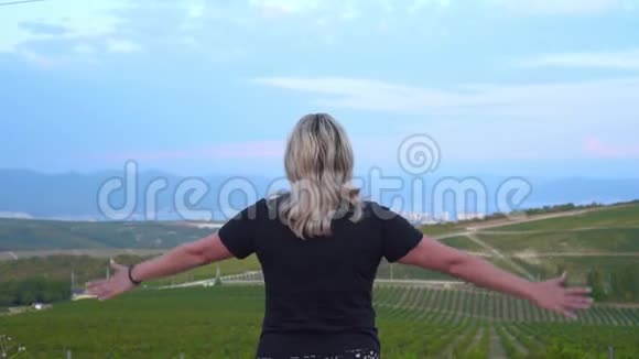 一个女人站在葡萄园的高处背着她站在架子上举起双手视频的预览图