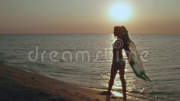 一位留着长发的年轻女子在日出或日落时的海堤上翩翩起舞下面的动作视频的预览图