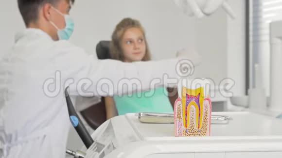 前景上一个健康的小女孩牙齿模型的牙医检查视频的预览图