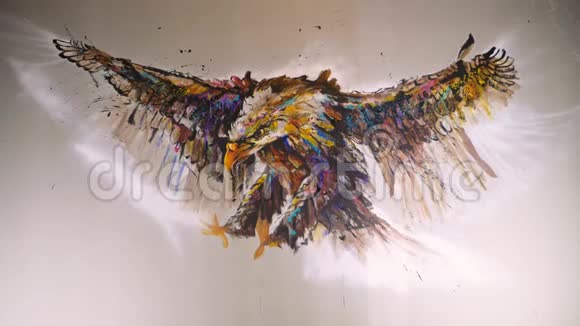 艺术家设计师在墙上画一只鹰工匠装饰师用丙烯酸油彩画一幅画慢动作视频的预览图