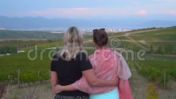 一个女人和一个年轻的女孩正在一座山葡萄园附近的高处行走女人背着背站在框架里视频的预览图