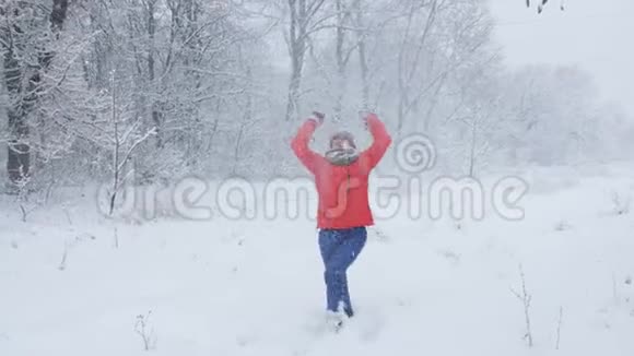 公园里的女人喜欢雪把雪扔上来从幸福中掉回来视频的预览图