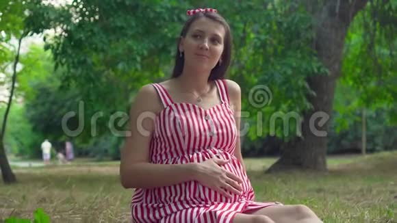 一个怀孕的女孩坐在公园的草地上一个穿着白红色条纹连衣裙的长发女孩抚摸着她的肚子视频的预览图