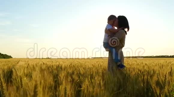 日落时分一位快乐的母亲把孩子抱在麦田里母亲拥抱并亲吻孩子视频的预览图
