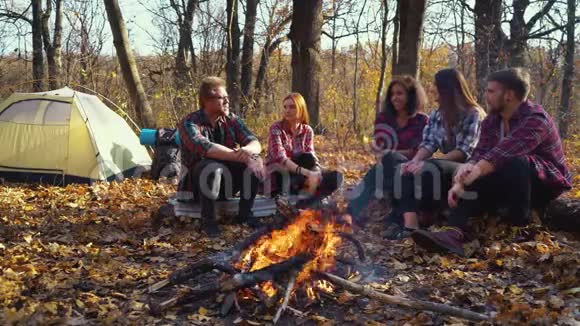 成群结队的游客坐在篝火旁享受野餐视频的预览图