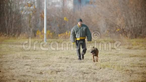 一个穿着防护夹克的男训练员和他的德国牧羊犬在野外行走视频的预览图