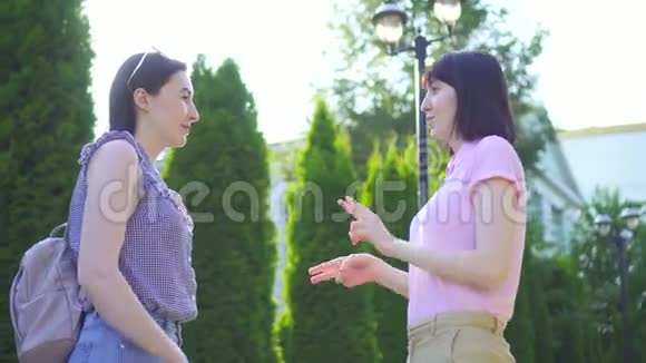 两位聋哑的年轻妇女在公园里用手语交流视频的预览图