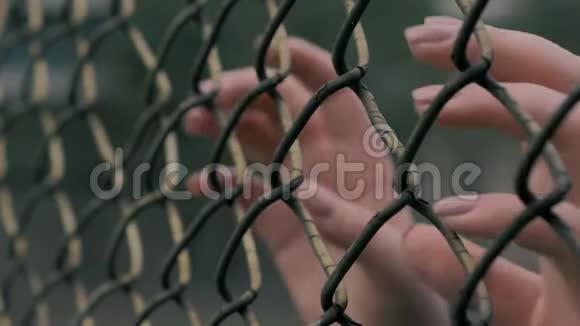 近景的年轻女子她的手在围栏区域雕刻金属网视频的预览图
