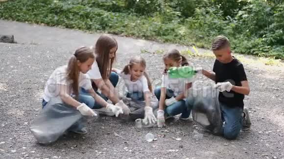 青年志愿者和儿童一起在森林里收集垃圾视频的预览图