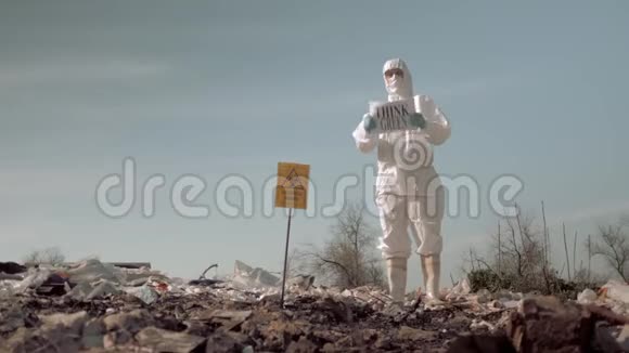 人类生活的废物穿着制服和戴着海报的防护眼镜的女人认为绿色站在靴子的垃圾填埋场视频的预览图