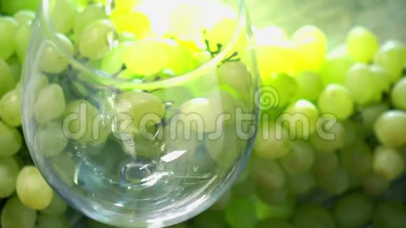 白葡萄酒被浸在一个杯子里与一串绿色葡萄相衬酿酒理念超级慢动作关闭视频视频的预览图